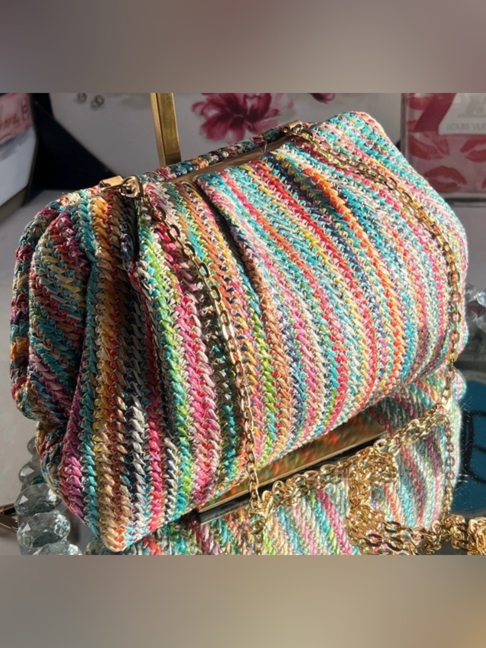 Striped Multicolor Knit Shoulder Bag with Chain Strap - Picture 3 of 8